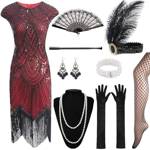 XCMVCN 12 vestido charlestón de los años 20 con lentejuelas y flecos Gatsby, vestido con accesorios de los años 20, disfraz vintage de mafia, vestido de cóctel, disfraz de carnaval (negro y rojo, L)