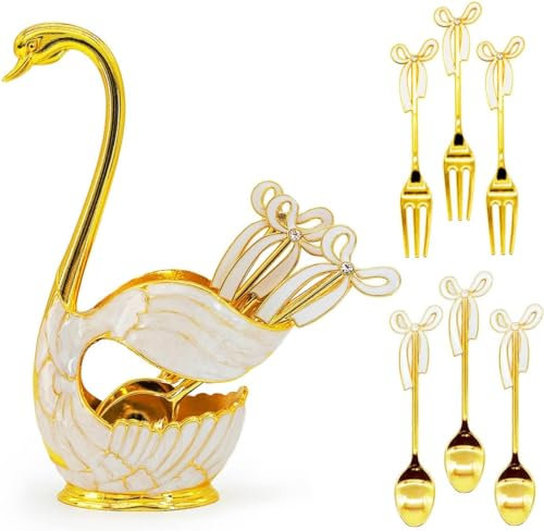 Set di 6 cucchiai da caffè, posate da dessert con supporto decorativo Swan Bottom Holder, cucchiaino da tè in acciaio inox a forma di cigno per caffè/dessert/cucchiai gelatini/torte (oro bianco 3
