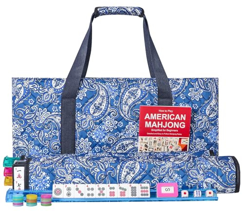 GUSTARIA American Mahjong Game Set, 166 Quality White Tiles, 4 All-in-One Color Rack/Pushers, Mahjong Tile Set with Blue Printed Carrying Bag