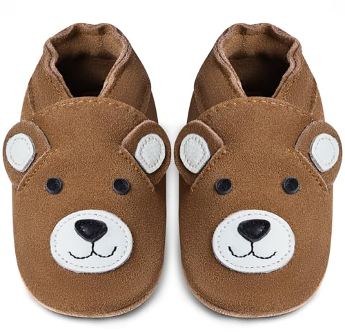 IceUnicorn Baby Lauflernschuhe Krabbelschuhe Baby Mädchen Jungen Lederpuschen Weicher Leder Wildledersohlen Lederschuhe Babys(Kastanienbär, 12-18 Monate)