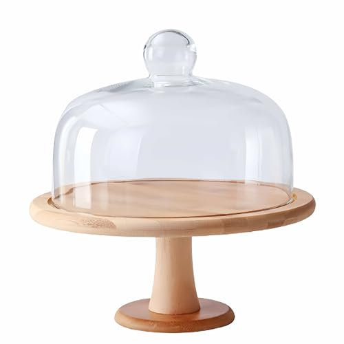 Alzata per torte con coperchio a cupola, in legno con copertura in vetro trasparente, vassoio per torte, pasticcini, formaggi, espositore piatto per torte per compleanni, matrimoni, feste, bar (con