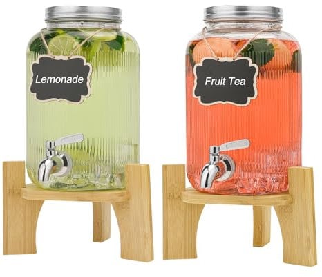 2 Pack 4L Glass Beverage Dispenser with Tap, Drink Dispensers for Parties, Glass Drink Dispenser with Stand and Stainless Steel Faucet, for Cocktails, Juice, Water, Beverages