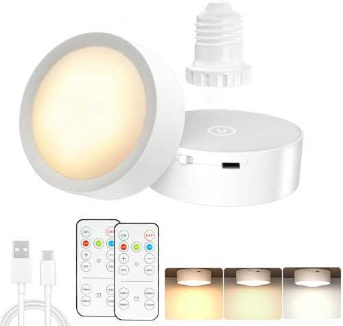 LABOREDUCER Bombilla recargable con control remoto, paquete de 2, bombillas E27 alimentadas por pilas con base magnética desmontable, bombilla regulable de 2700 K-6000 K para apliques de pared,