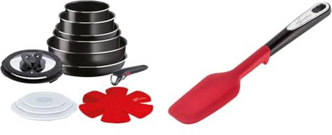 Lagostina Ingenio Essential Plus Batteria di Pentole, Alluminio per Gas e Forno, 17 Pezzi & Ingenio Smart Spatola con Inserto antiscivolo, Plastica e silicone, Nero e Rosso