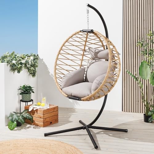 riess-ambiente In- und Outdoor Hängesessel Ibiza Natur beige Rattan mit Gestell wetterfest inkl. Kissen Hängekorb Hängeschaukel Hängestuhl 120kg zum Aufhängen