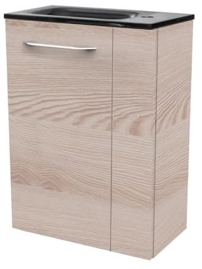 FACKELMANN B.CLEVER Gäste-WC Set 2 Teile – Waschtischunterschrank in Holz Braun mit Waschbecken aus Glas in Anthrazit – SBC Waschbeckenunterschrank schmal – Türanschlag Links – 45 cm breit
