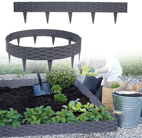 JOIEYOU Rasenkante Kunststoff Beetumrandungen Beetumrandung DIY Rattan-Optik Gartenpalisade für Dekoration Gartenzaun Gemüsegarten Rasen (5M, 5 Stücke Grau)