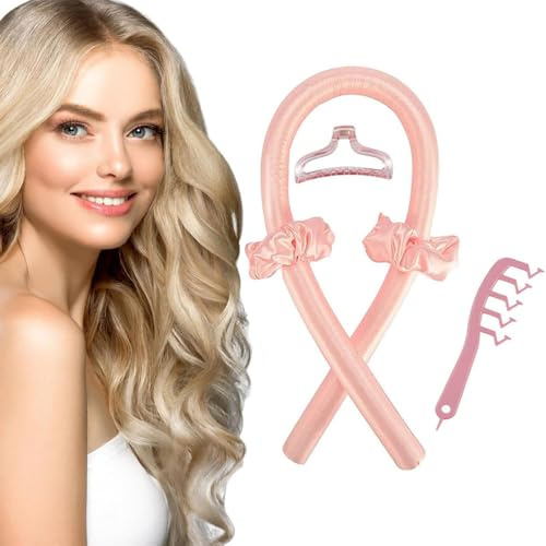 Heatless Curling Rod Stirnband, Satin Rollers Hair Curler, Wave Roller Curler, Overnight Styling Kit für Lange und Mittlere Locken mit Klauenclip, Weiche Gummirollen Styling-Tool für Schlaf - (Rosa)