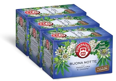 Pompadour, Tisana Buona Notte Plus, 54 Filtri (3 Confezioni da 18 Filtri), con Passiflora e Canapa, Ideale alla Sera per Favorire il Sonno, Senza Lattosio, Glutine e Allergeni