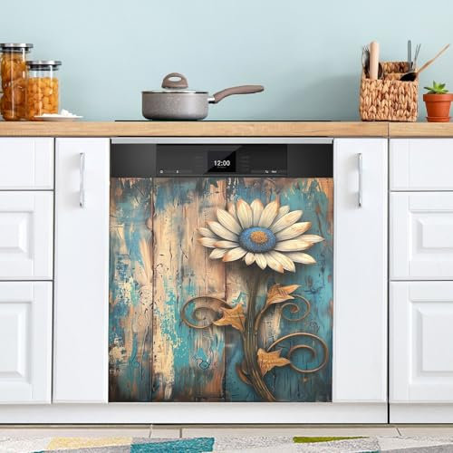 Adesivo per lavastoviglie, motivo: margherita rustica su tavola di legno, adesivo decorativo magnetico per lavastoviglie, pannello adesivo riutilizzabile per lavatrice e frigorifero, 58 x 66 cm