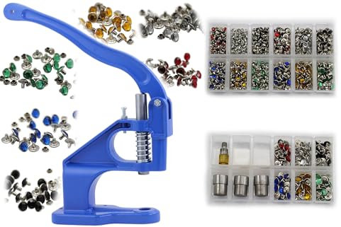Allstarco Kit de démarrage de clous – 1050 pièces en 3 tailles et 6 couleurs assorties, rivets en strass, embellissements, presse manuelle à la main, machine à vêtements, cuir, cadeau d'anniversaire