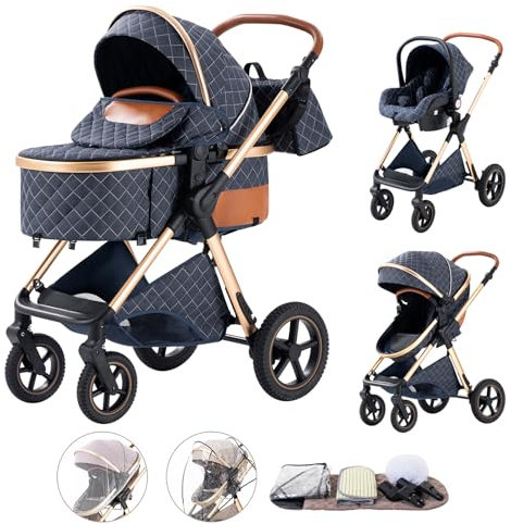 Shineey Kinderwagen 3 in 1,Kinderwagen Buggy Mit Babyschale,Mit Höhenverstellbarer Kinderwagen Komplettset Faltbare tragbare,KombiKinderwagen Mit Aluminiumrahmen für Neugeborene 0 bis 3 Jahre