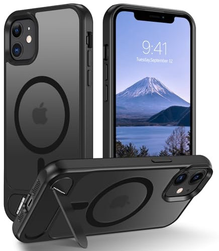 DOMAVER Hülle für iPhone 11 (6,1) - Magnetisch Integrierter unsichtbarer Ständer | Militärischer Fallschutz | Transparente Matt-Oberfläche | Kompatibel mit Mag-Safe Zubehör， Schwarz