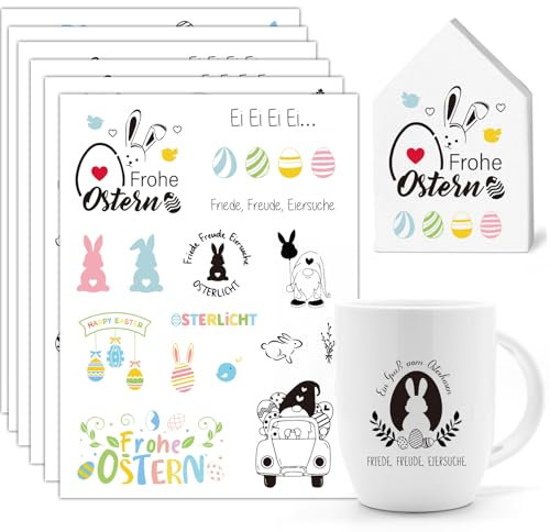 6 Stück Bunte Rub On Sticker Ostern, Frohe Ostern Rub On Sticker mit Ostereiern & Osterhasen, Rubbeltransferaufkleber für Glas, Holz, Möbel, Papier, DIY Osterdeko & Scrapbooking