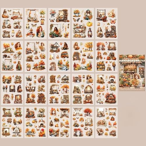 DIELOVEHUA 20 Blatt Scrapbooking Sticker, Blumen Landschaft Scrapbook Aufkleber, Jahreszeiten Stickers, PET Ästhetische Vintage Aufkleber, für DIY Scrapbook, Journaling, Fotoalben (Herbst)