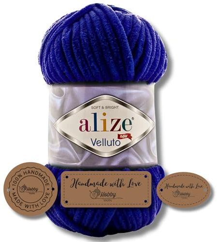 Hobby YARN 3x Etikettenlabel mit Alize Velluto Wolle Premium 1x100g als Set, Dicke Wolle zum Häkeln (Navy - 360)
