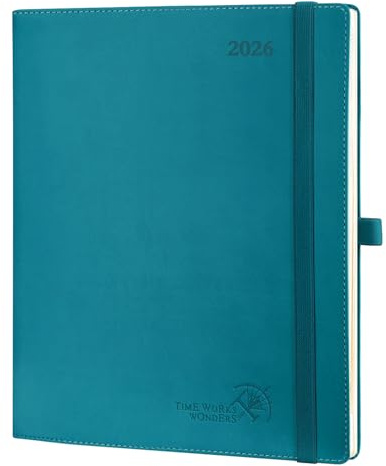 POPRUN Terminplaner 2026, Wochenansicht, groß (26,5 x 21,5 cm), PU-Leder, weicher Einband, vertikal, wöchentlicher Terminplaner, 26 Planer, monatliche Registerkarten, 100 g/m² Papier (Pazifikgrün)