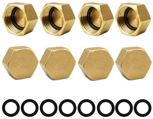 Blindstopfen 3/8 Zoll, 8 Stück Messing Kappe G3/8 Innengewinde (Ø15,3mm), Verschlusskappe 3/8 Zoll mit Gummidichtungen, Messingkappe Sechskant, Schlauchkappen Gewindekappe für Garten Wasserleitung