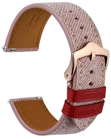 WOCCI 18mm Bracelet Montre, Cuir italien, Motif Denim, Boucle Dorée Rose (Rose Brumeux)