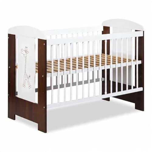 Babybett 60x120 cm weiß – Holz Kinderbett Safari Giraffe – höhenverstellbar, mit Gitter, massivholz, Babybett mit Motiv, ideal für Neugeborene und Kleinkinder | Zertifikat (Braun)