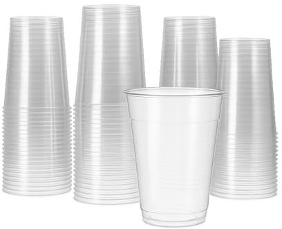 Party Warehouse – 50 x Clear Plastic Disposable 12oz (350ml) Drink Cups for Beer Water Coolers Camping BBQ Travel Parties and Events Recyclable Sleeve of Drinking Glasses