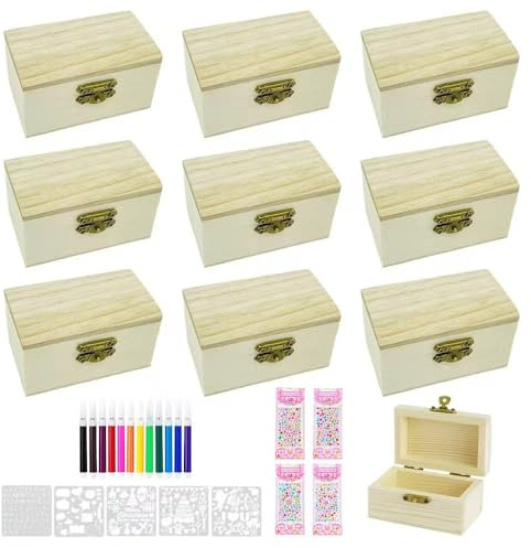 YZROHYI 10stk Schatztruhe Kindergeburtstag Basteln,Holzkiste zum Bemalen Klein,Schatzkiste Holz zum Bemalen Kinder,Holzkästchen mit Deckel,Holzschachtel Mini Schatztruhe Holz mit Farbstiften Aufkleber