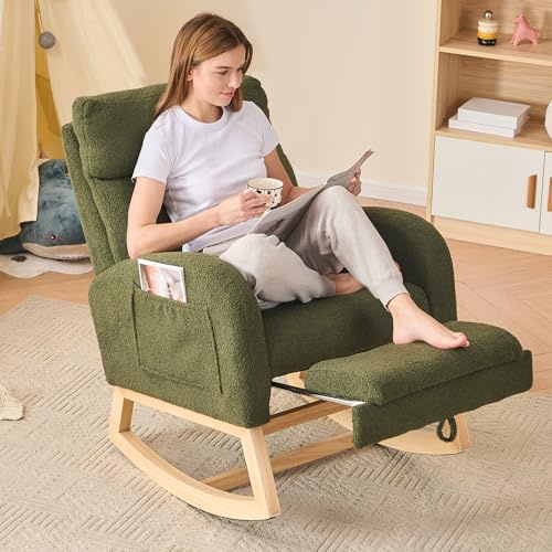 DEKKETO Rocking Chair with Footrest and Headrest, Teddy Wooden Nursing Chairs for adults with Extra Wide Seat and Large Side Pocket, Ergonomic Support for Nursery, Living Room, Green