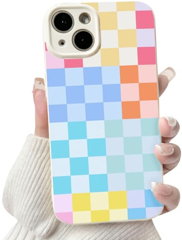 NITITOP Compatible with iPhone 14 Plus Case Cute Aesthetic Checkerboard Checkered Pattern for Women Girl Trendy Slim Fit TPU Silicone Shockproof Full Camera Protection Cover - Blue Colorful