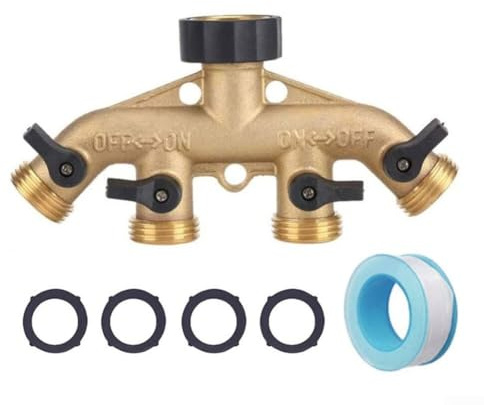 Messing-Gartenschlauch-Verteiler, 4-Wege-Wasserhahn-Anschluss mit Metallgriff, Kugelhahn-Wasserteiler, für Bewässerung, Haushalt, Autowäsche (Messing)