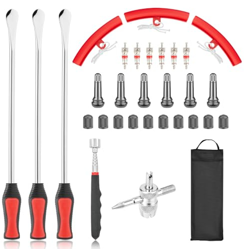 Fenghome 31Pcs Tyre Lever Tool Set, for Repairing Changing Motor Car Tire | 3Pcs 39CM Tyre Lever Spoons with 3Pcs Rim Protectors,10Pcs Valve Caps Cores,1Pcs Wrench with 4 Way Valve Tool,Easy to Use