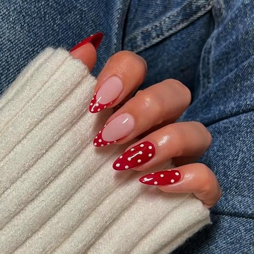 SXVME Polka Dot Press On Nails Almond, Christmas False Nails Medium, Light Red French Tip Fake Nails with Designs, Cute White Polka Dot Nails Press ons, Soft Gel Stick On Nails for Women, 24 Pcs