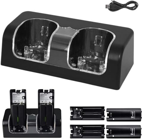 Station de charge 2 en 1 pour télécommande Wii avec 4 batteries, chargeur à distance, station de charge portable double pour manette Wii, station d'accueil WiiRemote avec câble d'alimentation (noir)