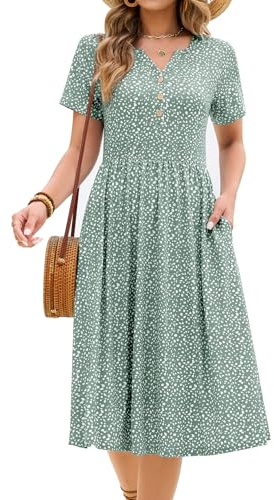 HEEKPEK Summer Dresses for Women Midi Elegant Dress Causal V Neck Short Sleeve Ladies Boho Sundress with Pockets for Beach Holiday Party(Green Floral,M)