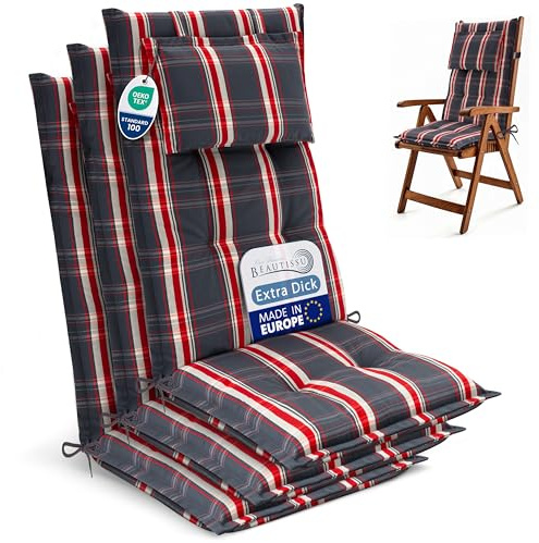 Beautissu 3er Set Gartenstuhlauflagen Hochlehner Sitzpolster robuster Stoff | 120x50cm 7cm Polster Grau Rot Kariert UV-Lichtecht Sitzauflagen Gartenmöbel Gartenstuhl Auflagen Stuhlauflage HighLux HL
