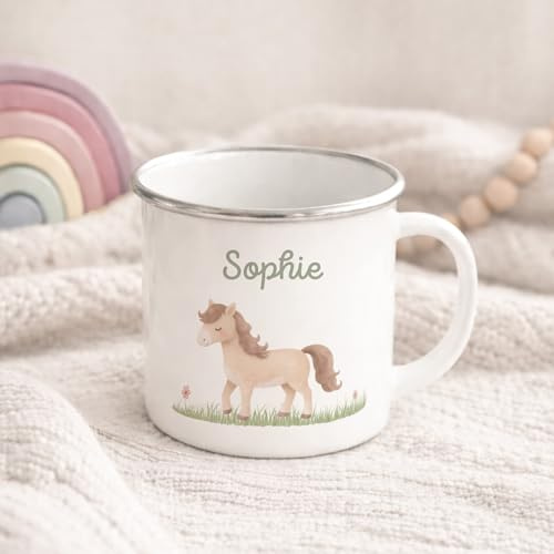 hellomini Personalisierte Emaille Tasse für Kinder, Kindertasse 300 ml mit Wunschmotiv, Kinderbecher mit Namen, Geschenk zum Geburtstag für Mädchen und Jungs, (Pferd)