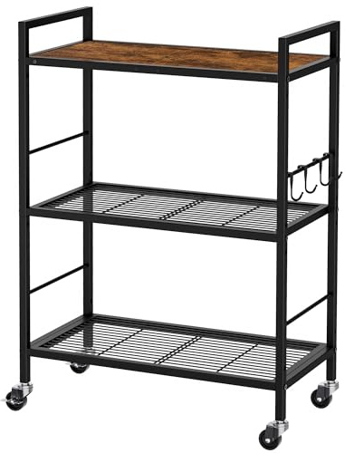 3-Tier kitchen trolley,Brown Wood Top,60W×30Dcm,4 Hooks, Adjustable Shelves