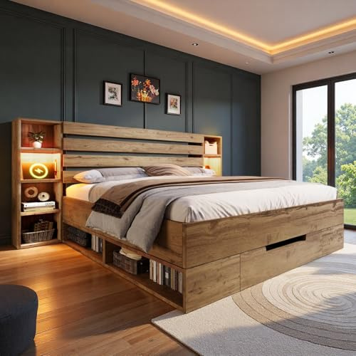 Sapgaks Lit Double en Bois Massif 160x200 avec éclairage LED,Port USB-C,tiroirs,Tête de lit avec Rangement,Cadre de lit 160x200 avec sommier à Lattes,Couleur chêne
