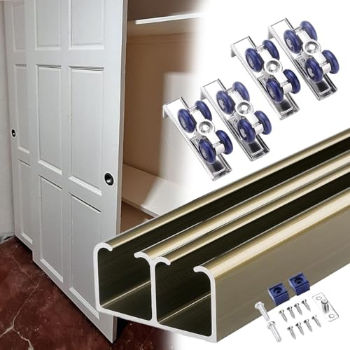 Binario per Porta Scorrevole Kit di Ferramenta per Ante Scorrevoli Doppie per Armadietti, Sistema di Binari per Ante Scorrevoli in Alluminio(Champagne,160cm(63in))