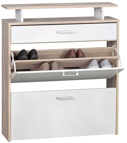 Wohnling Schuhkipper Holz 80x95x24 cm Modern Sonoma Eiche, Design Schuhregal Schuhkipper Schmal, Schuhschrank Schuhaufbewahrung mit Schublade, Flurschrank Schuhablage Regal