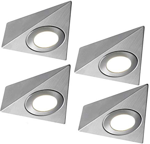 4 Pack | Bright 2.6W LED Under Cabinet Pyramid Spot Lights & Driver Kit | Stainless Steel & Natural White | Kitchen Worktop Countertop Cupboard Unit Down Light | Modern Triangle Lighting Fitting