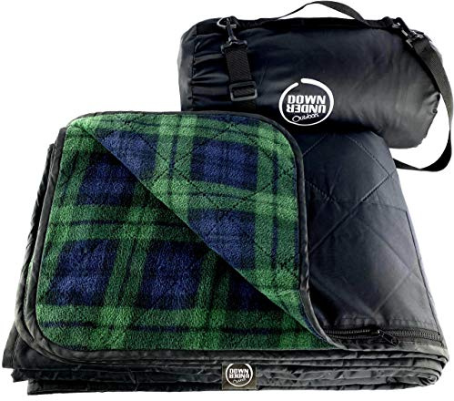 DOWN UNDER OUTDOORS Large Waterproof Windproof Extra Thick 350 GSM Quilted Fleece Stadium Blanket, Machine Washable Camping Picnic & Outdoor, Beach, Baseball,Dog, 82 x 55 (Green Check)
