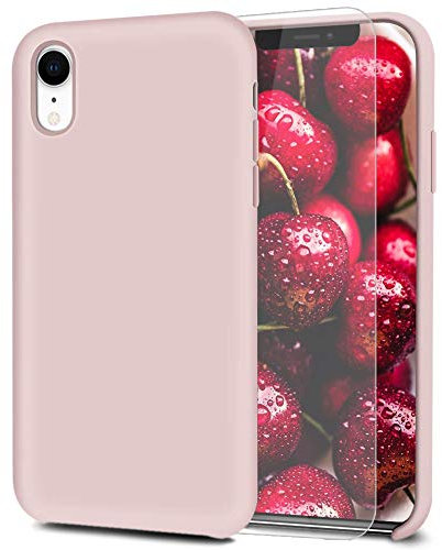 Feyten Funda iPhone XR [Cristal Vidrio Templado], Slim Líquido de Silicona Gel Carcasa Anti-Rasguño Protectora Caso para Apple iPhone XR 6.1 (Rosado)