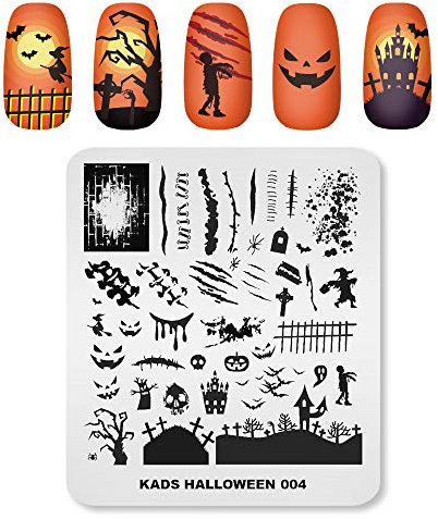 KADS Halloween-Nagelplatten Nagelstempel Schablonen Nail Art Stamping Kits mit Kürbis Geist Totenkopf Fledermaus Bild Platten für DIY Dekoration (HA004)