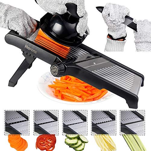 Adjustable Mandoline Food Slicer by Harcas. 3 in 1 Mandolin Julienne Cutter. Best for Slicing Food, Fruit and Vegetables. Professional Grade Slicer. with Cut Proof Gloves and Cleaning Brush