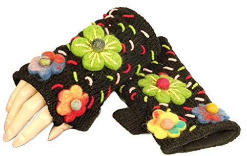 CRÖNERT Armstulpen Pulswärmer Lara - Wolle mit Fleecefutter - schwarz mit Blüten