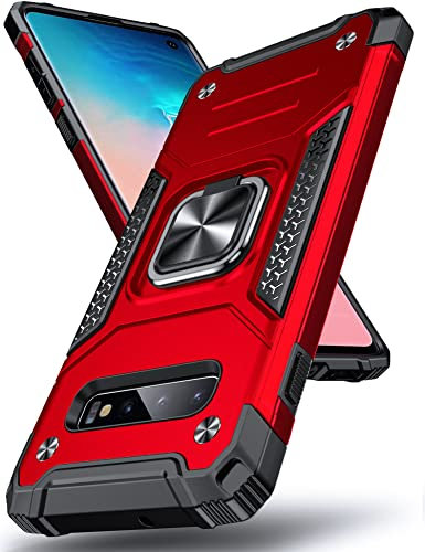 DASFOND Armor Hülle für Samsung Galaxy S10 Case Militär Stoßfest Handyhülle [Upgrade 2.0] 360 Grad Metal Ring Halter Ständer Schutzhülle [für Handyhalterung Auto Magnet], Rot