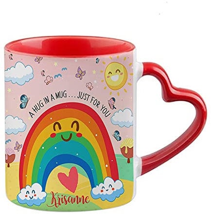 Personalised Butterfly with Rainbow Cloud Art A Hug in a Mug Just for You Coffee Tea Daily use Mug Long Distance,Lockdown, Quarantine Birthday Ceramic Cup Mug.(Red Heart Handle)