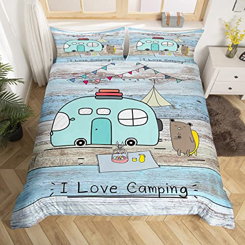 feelingyou Wohnwagen Bettwäsche-Set,Cartoon-Bär schön Bettwäsche Set 135x200cm,Blaues Scheunentor im Landhausstil Betten Set für Kinder Jungen Mädchen Teenager 2St.Reißverschluss Mikrofaser
