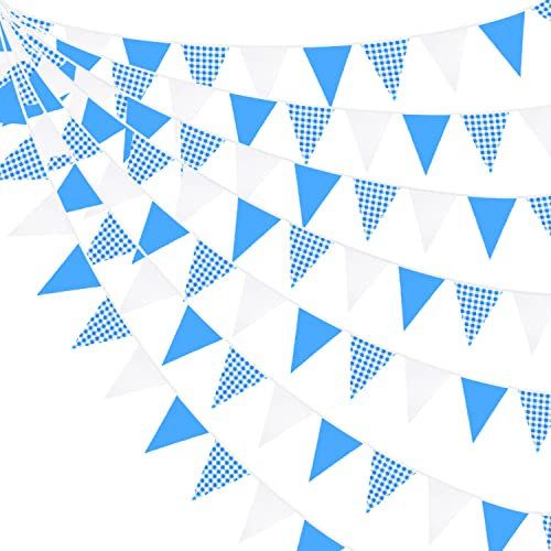 32Ft Blau Partydekorationen Blauer Büffel Kariert Kariert Weiß Dreieck Flagge Wimpelkette Stoffgirlande für Picknick Rennwagen BBQ Geburtstag Hochzeit Karneval Party Outdoor Hausgarten Dekoration