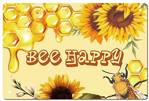 CREATCABIN Biene Happy Schild Sonnenblumen Metallblechschilder Vintage Rustikale Wanddekoration Gartenhaus Plakette Poster Kunstwerk Geschenk Für Zuhause Bauernhof Garten Küche Kaffee Büro Garage